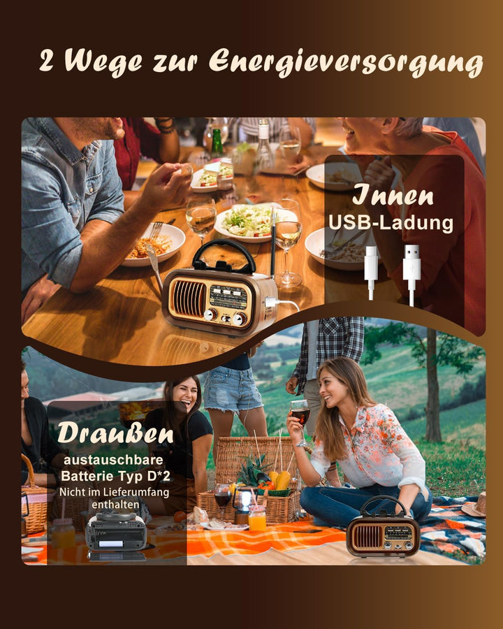 Retro Radio mit Bluetooth, AM/FM/SW Klein Radio Batteriebetrieben, Kofferradio Küchenradio Betrieben