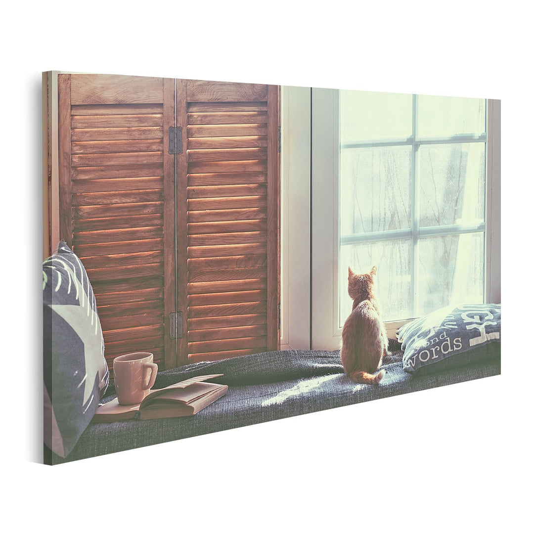 islandburner Bild auf Leinwand Katze Warm Gemütlich Fenster Buch Bilder Wandbilder Poster Leinwand 1