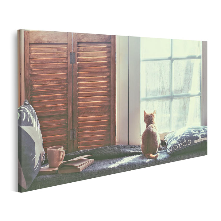islandburner Bild auf Leinwand Katze Warm Gemütlich Fenster Buch Bilder Wandbilder Poster Leinwand 1