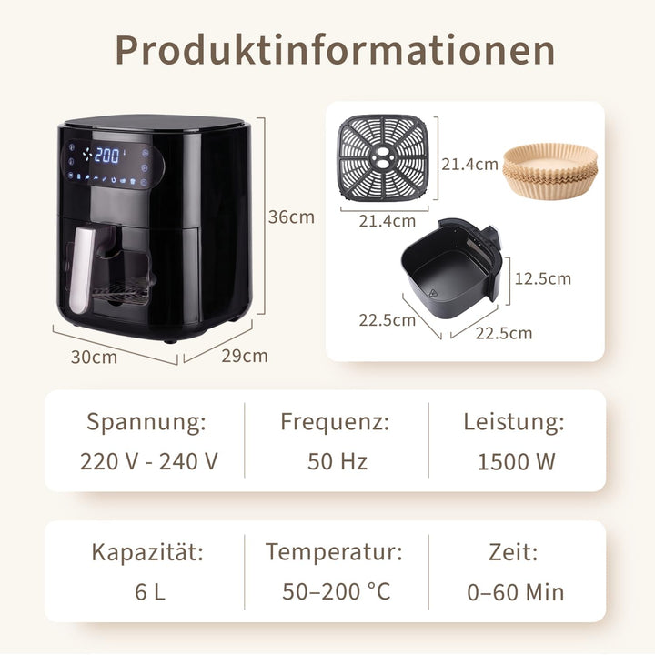 Citybee 6L Heissluftfritteuse mit beleuchtetem Sichtfenster - Extra Leiser Airfryer, 7 Programme &amp; T