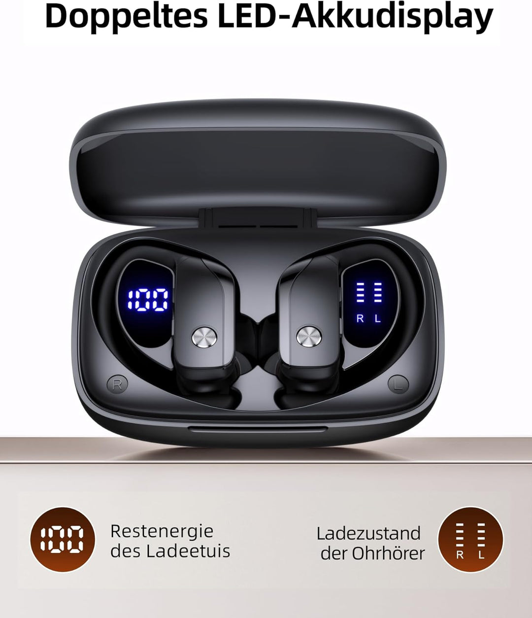 Bluetooth Kopfhörer Sport, In Ear Kabellose Earbuds mit 80h Wiedergabe, Dual LED-Anzeige, Über Ohr-H