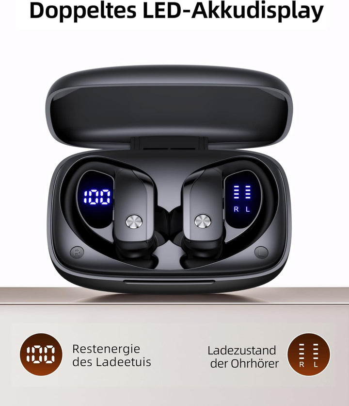 Bluetooth Kopfhörer Sport, In Ear Kabellose Earbuds mit 80h Wiedergabe, Dual LED-Anzeige, Über Ohr-H