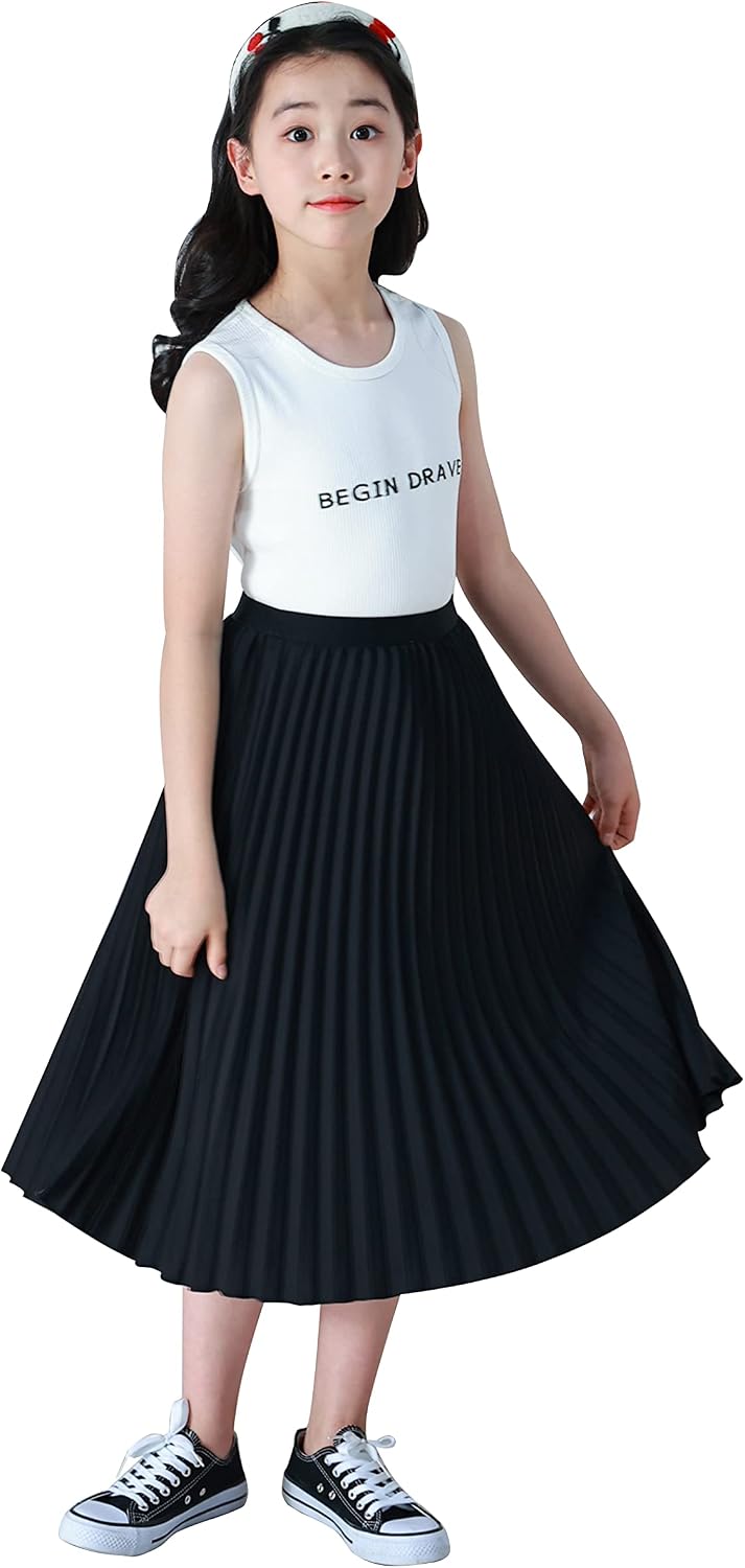 Maeau Mädchen Plisseerock Einfarbiger, Faltenrock Chiffon Gummizug in der Taille, Rock Lang für Frei