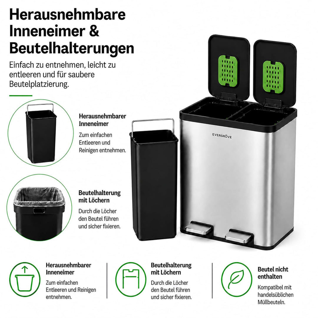 EverGrove 60L Edelstahl-Mülleimer mit Sortierung, zweifach schwarz (Edelstahl, 30, Liter) 30 liters