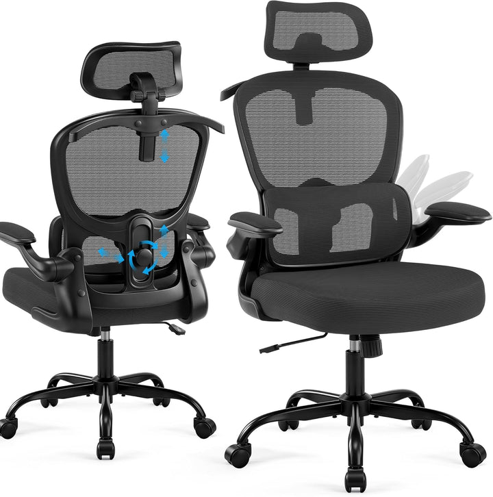 Bürostuhl, Ergonomisch mit Kopfstütze und Verstellbarer Lendenwirbelstütze, Mesh Drehstuhl für Homeo