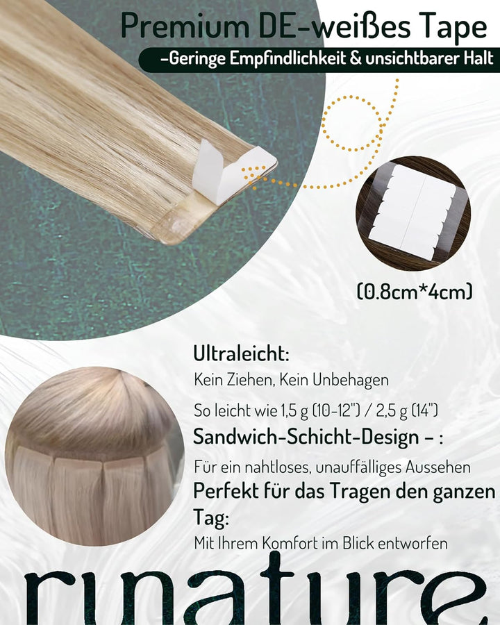 RUNATURE Highlight Tape in Extensions Echthaar Braun Blond 40cm Glatt Haarverlängerung Tape Echthaar