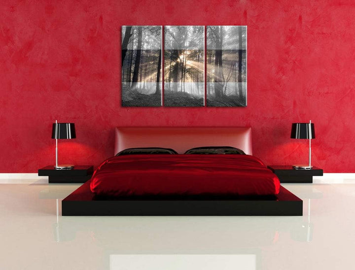 Pixxprint Herbstwald im Nebel als Leinwandbild | Grösse: 3 Teilig (120x80) | Wandbild| Kunstdruck |