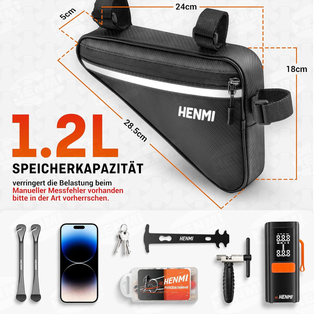 HENMI Fahrradtasche Rahmen, Dreieckstasche Fahrrad Wasserdicht Reflektierend, Rahmentasche für Handy
