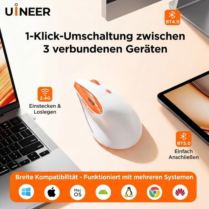 Uineer Vertikale Ergonomische Funkmaus 【Verbesserter Komfort】, leichtes und leises Design, wiederauf