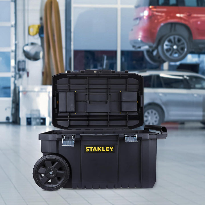 Stanley Essential Mobile Montagebox (50 L, Metallverschlüsse, Teleskopgriff, stabile Räder für schwe