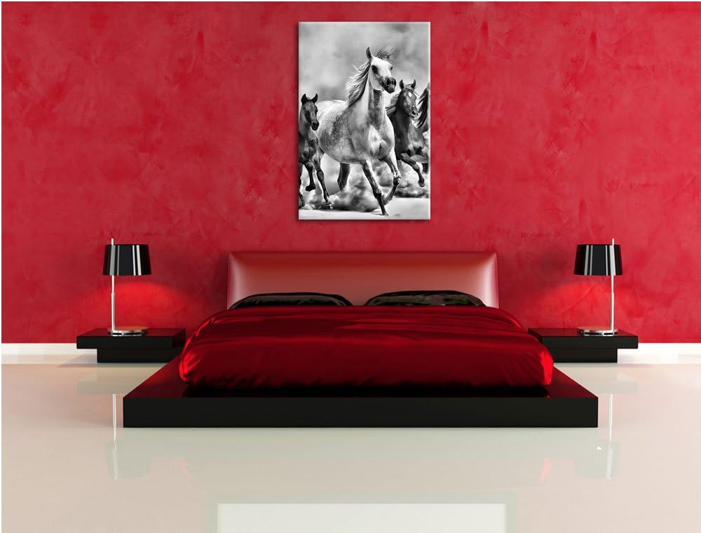 Pixxprint Monocrome, Western Pferde in Wüste mit Fohlen, Format: 100x70 auf Leinwand, XXL riesige Bi
