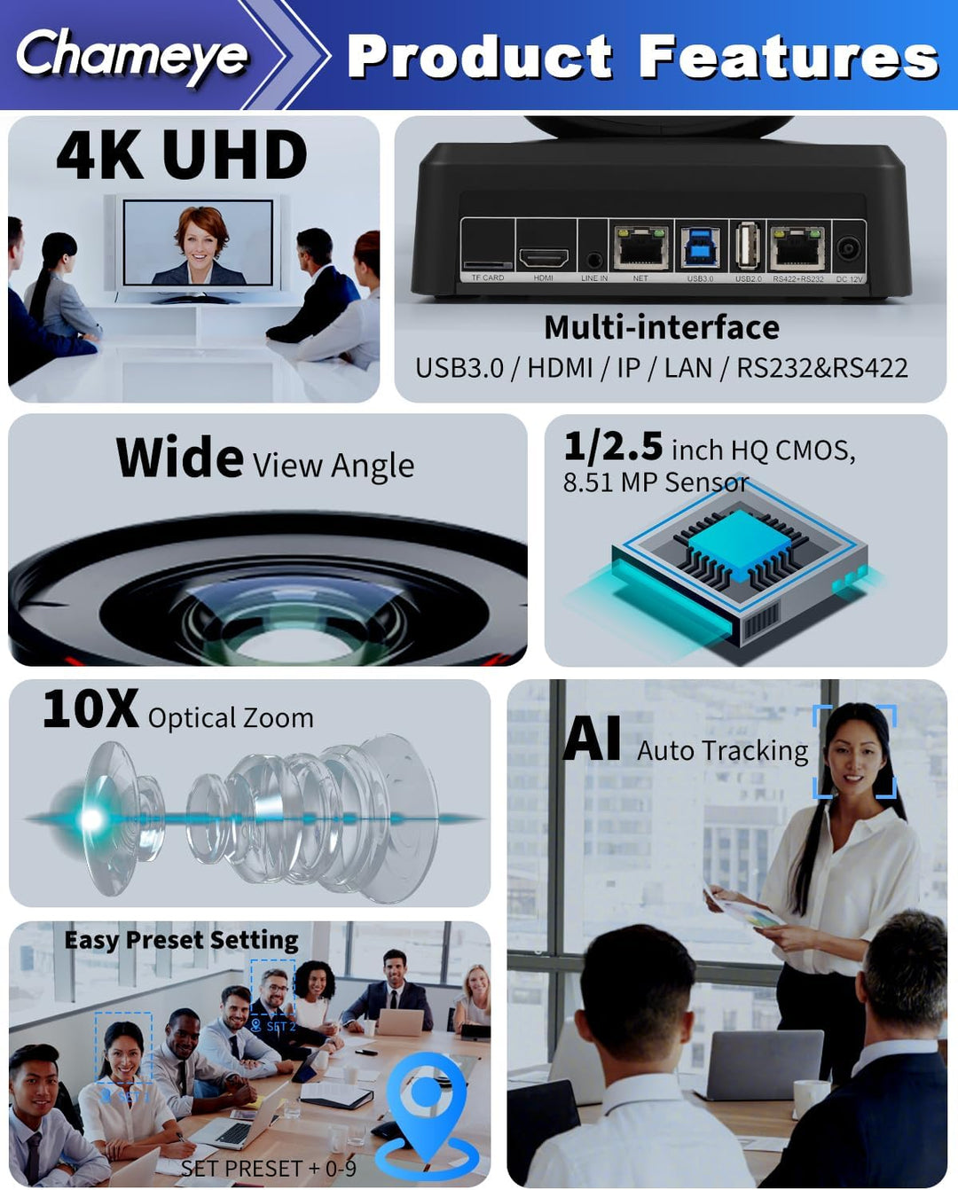 Chameye 4K PTZ Kamera mit KI-Auto-Tracking 10x Optischer Zoom, Konferenzkamera 4K mit HDMI, LAN(PoE)