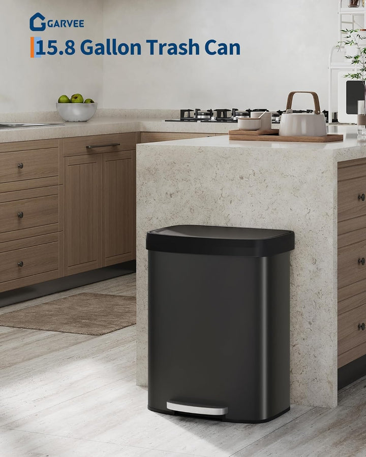 GarveeHome 60L Metall Mülleimer mit Deckel, grosser Tretmülleimer, Mülleimer Küche, rostfrei, mit Be