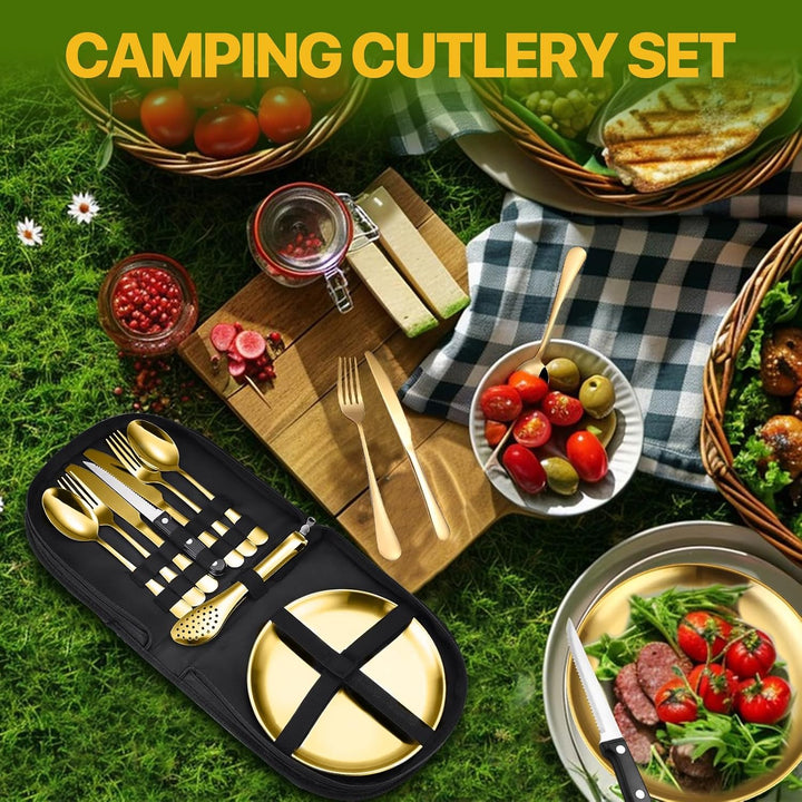 Tragbares Camping-Geschirr-Set, 13-teilig, 2 Personen, Edelstahl, für Outdoor, Camping, Picknick Gol