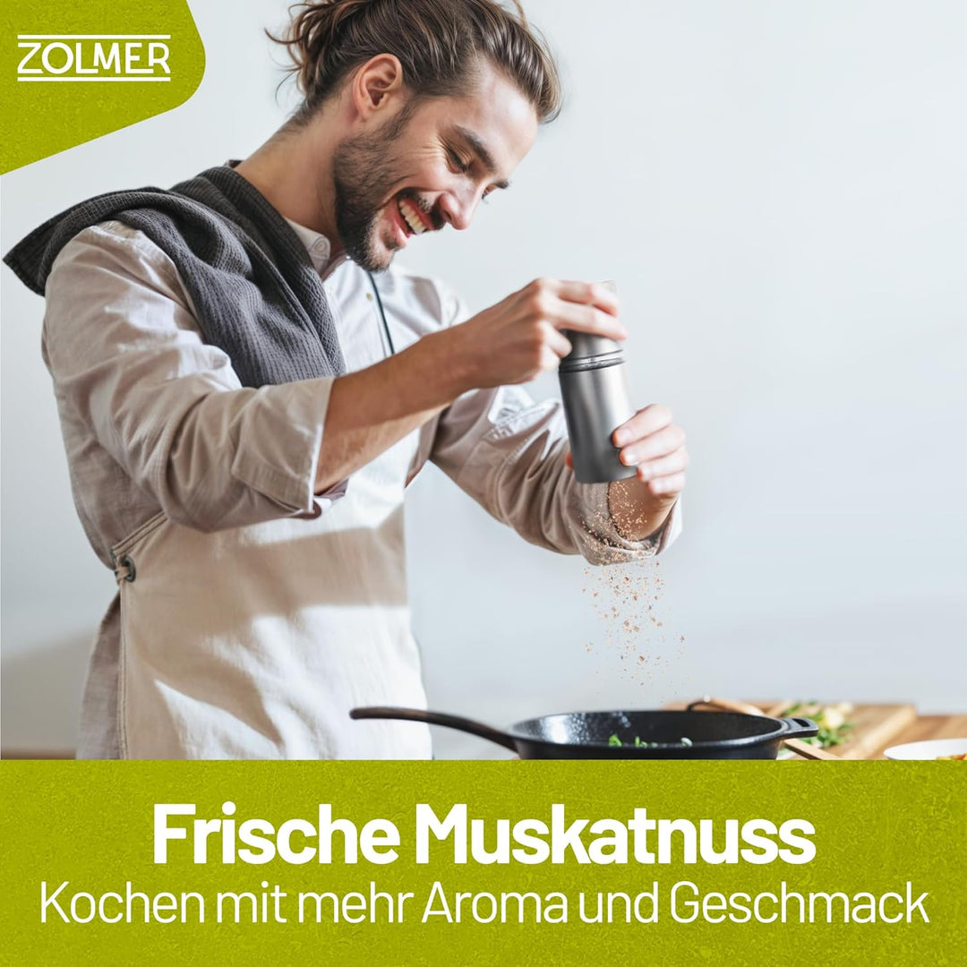 Muskatnuss Mühle mit Vorratsbehälter I Extra scharfes Mahlwerk für feinstes Muskatpulver I Muskatmüh
