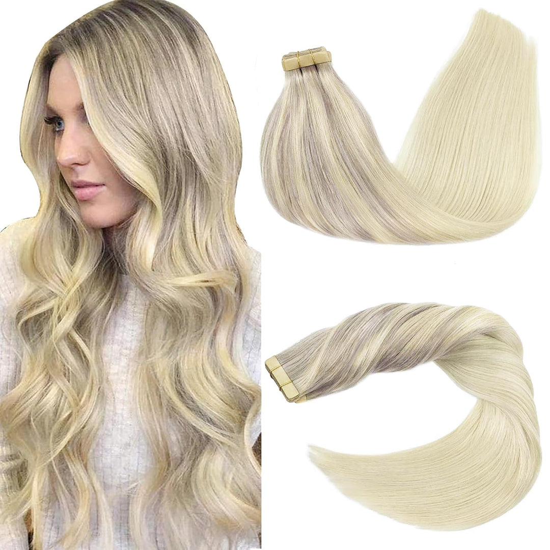 GOO GOO Echthaar Extensions Tape, 55cm Aschblond bis Goldblond und Platinblond Remy Menschliches Ech