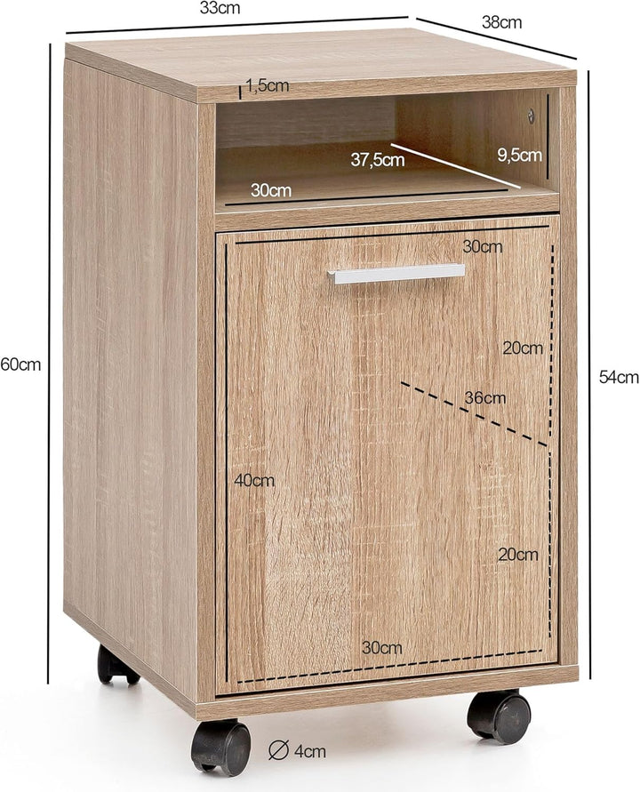 Wohnling Rollcontainer Sonoma 33x60x38cm Schubladenschrank Büro, Schreibtischcontainer mit Tür & Abl