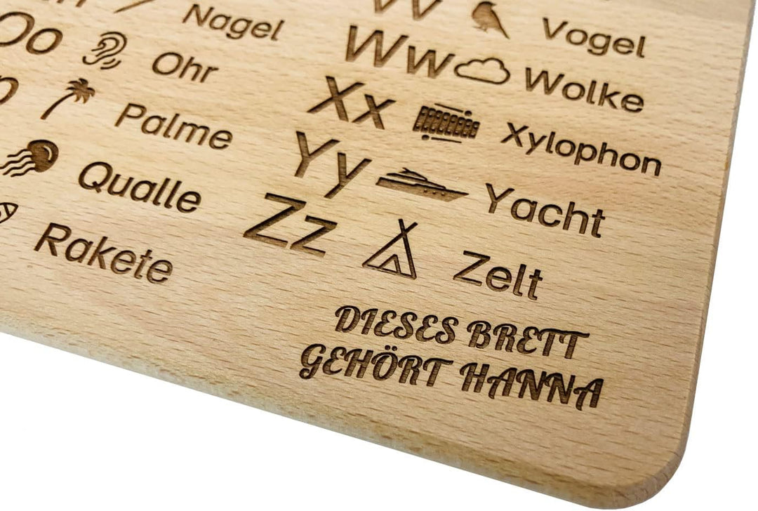 SNEG Brotzeitbrett mit Kinder ABC + persönliche Widmung (hochwertige, haptische Gravur) | Buchstaben