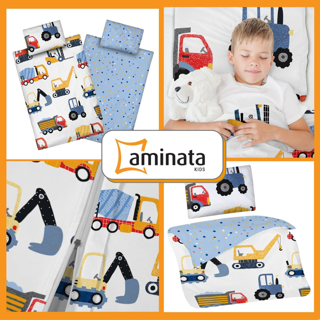 Aminata kids Kinderbettwäsche 100x135 Jungen Bagger Baustelle Baufahrzeuge Baumwolle mit YKK Reissve