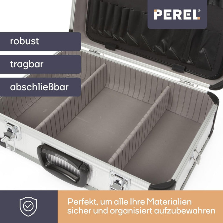 Perel Werkzeugkoffer, Tragegurt, verstellbare Facheinteilung, Schlüsselschloss, 2 Schlüssel, Alumini