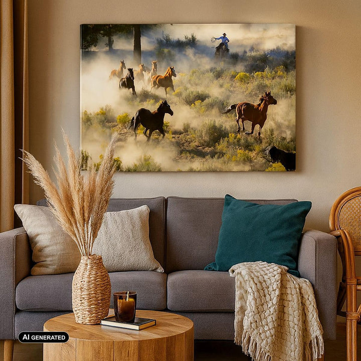 ARTTOR Bilder auf Leinwand 100x70cm Leinwandbild Cowboy Cowgirl Pferd Gross Wanddeko Bild Schlafzimm