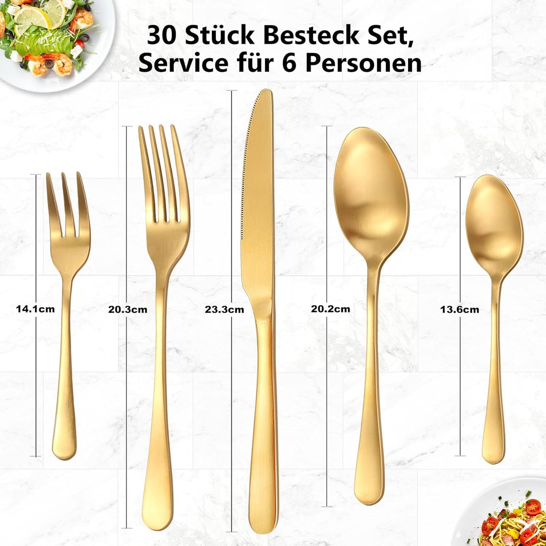 Besteck Set für 6 Personen Goldenes,30 teilig Titanium Gold Essbesteck Set inkl. Messer,Gabel,Löffel