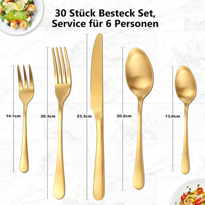 Besteck Set für 6 Personen Goldenes,30 teilig Titanium Gold Essbesteck Set inkl. Messer,Gabel,Löffel