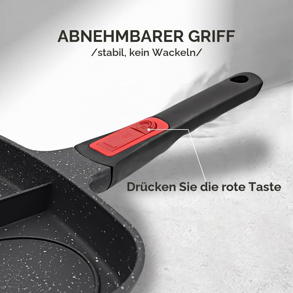 Multi Grillpfanne mit Deckel und Abnehmbarer Griff, Steakpfanne Induktion 3 in 1 - Schwarz, Schwarz