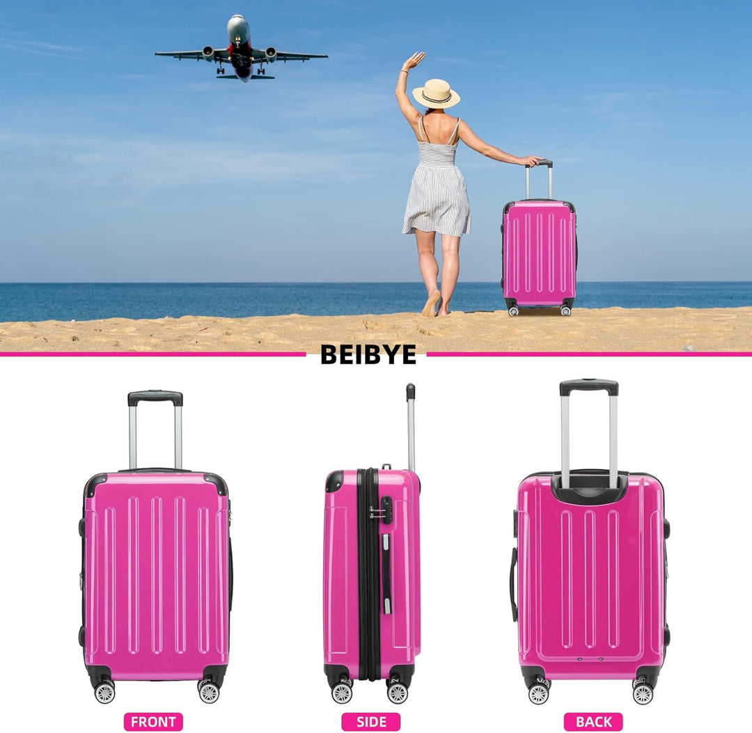 BEIBYE Hartschalen Koffer Trolley Rollkoffer Reisekoffer 4 Zwillingsrollen Polycabonat (Pink, 66cm -