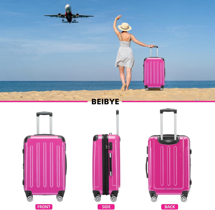 BEIBYE Hartschalen Koffer Trolley Rollkoffer Reisekoffer 4 Zwillingsrollen Polycabonat (Pink, 66cm -