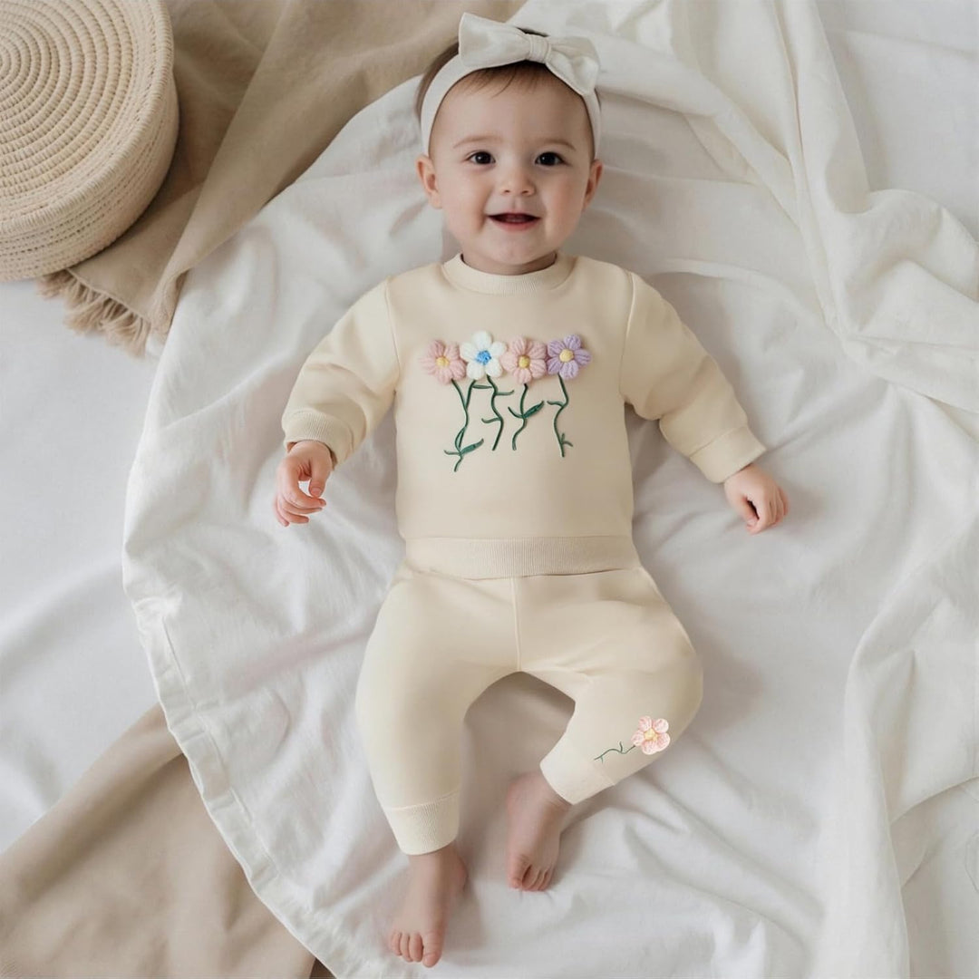 2pcs Baby Mädchen Kleidung 3D Blumen Druck Outfit Langarm Shirt + Hose Neugeborene Babykleidung klin