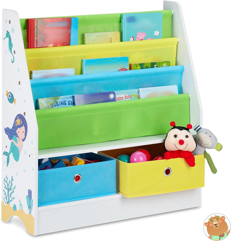 Relaxdays Kinderregal Meermotiv, 2 Boxen, 3 Fächer, Spielzeug Aufbewahrung, Kinder Bücherregal HBT 7