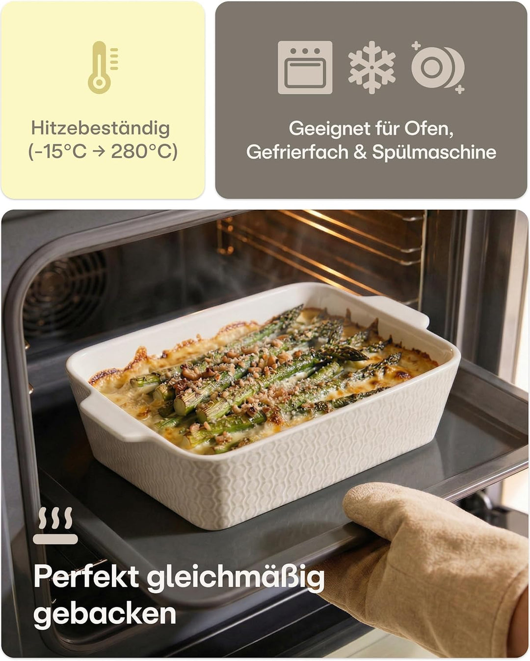 Auflaufform Gross aus Keramik - Für Lasagne, Tiramisu & Auflauf - Extra Hoher Rand - Eckig - Weiss,