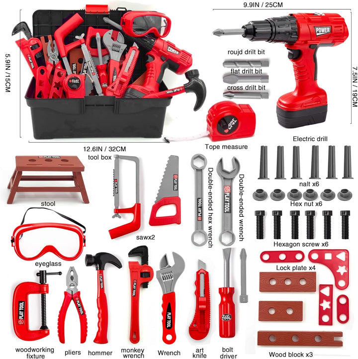Hyrenee Tool Set for Kids 48 Pieces Work Tools Toy Kid Construction Tool Box with Drill Educational