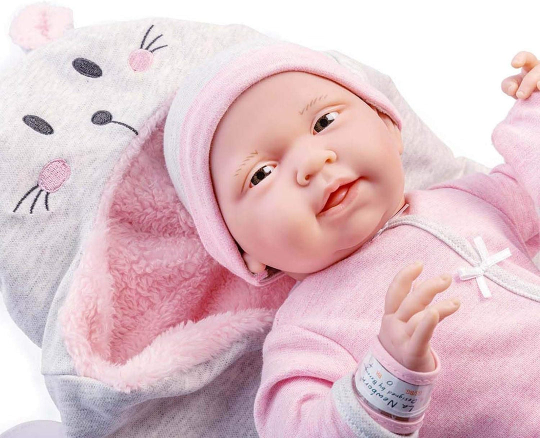 JC TOYS - Newborn Puppe 38 cm aus weichem Vinyl, inklusive Strampler und 5 Accessoires, Rosa, entwor