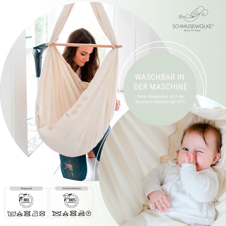 SCHMUSEWOLKE Federwiege BioGrey - mit Motor und Deckenbefestigung - Hängematte für Babys und Kleinki