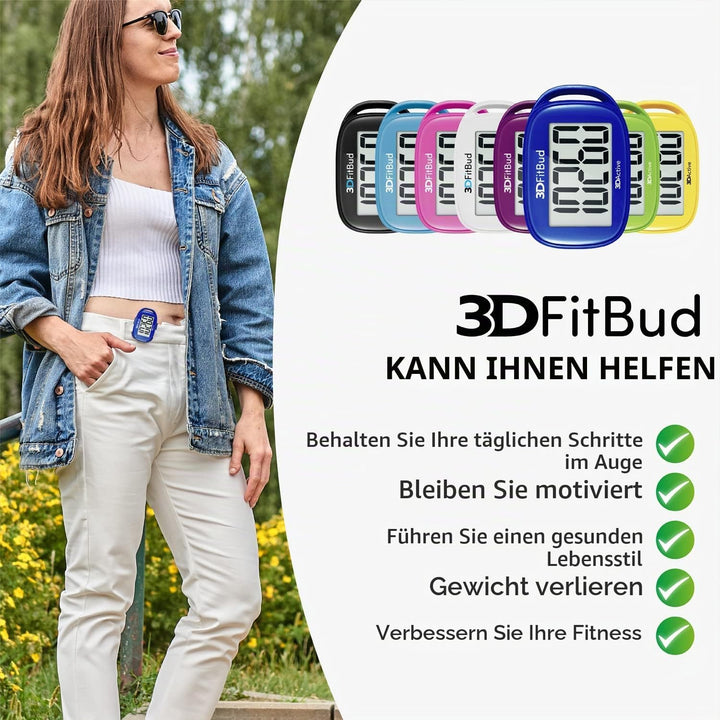 3DFitBud Einfacher Schrittzähler 3D von 3DActive mit Clip Lanyard Präziser Schrittzähler Grosses Dis