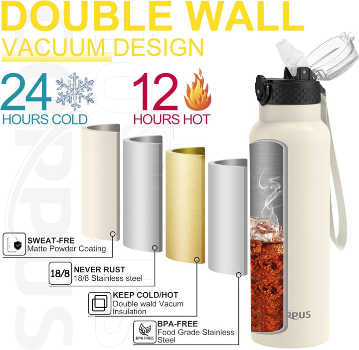 GOPPUS 750ml/24oz Edelstahl-Wasserflasche mit Strohhalm 0,75 Liter Heisswasserflasche Doppelwandige
