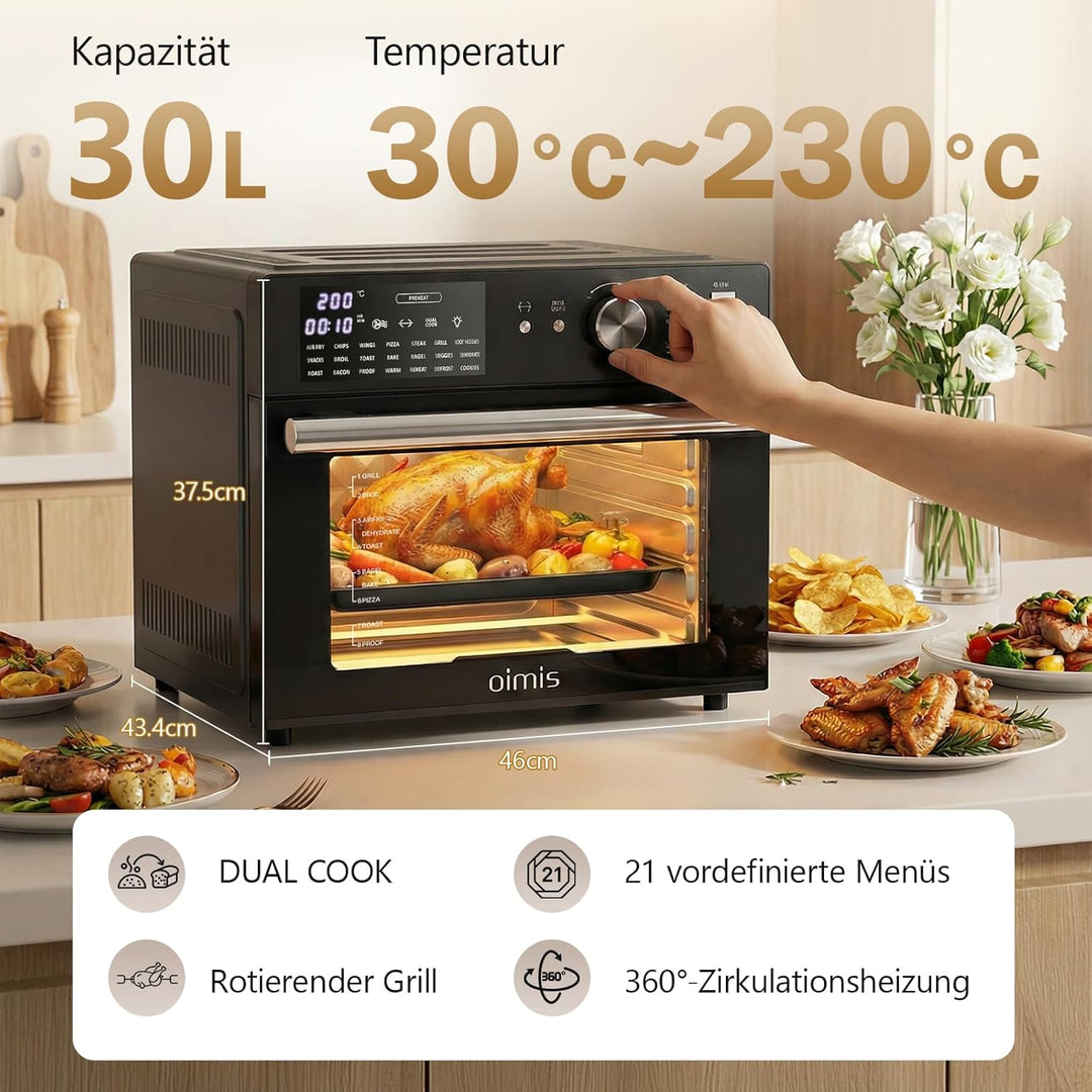 OIMIS Heissluftfritteuse Backofen 30L Mit 21 Programme, Grau Heissluftbackofen xxl mit luftfritteuse