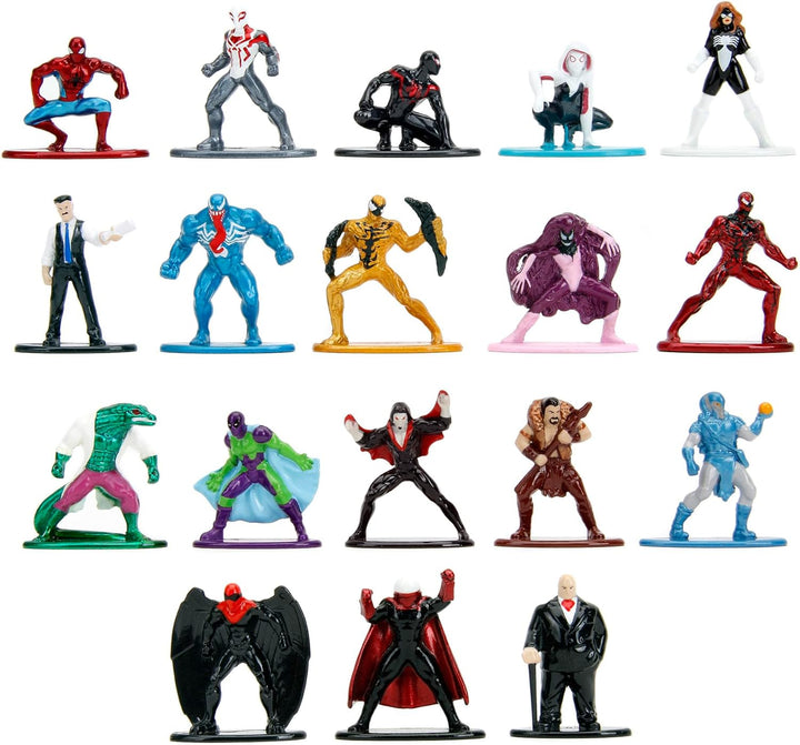 Jada Toys Marvel Spider-Man Figuren (18 Stück) - Multi-Set Nano-Sammelfiguren aus Metall, u.a. mit S