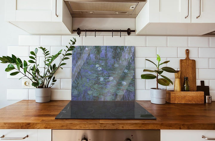 Claude Monet - Seerosen auf blaues Wasser Herdabdeckplatte & Spritzschutz aus Echtglas | Für Herd-Ko