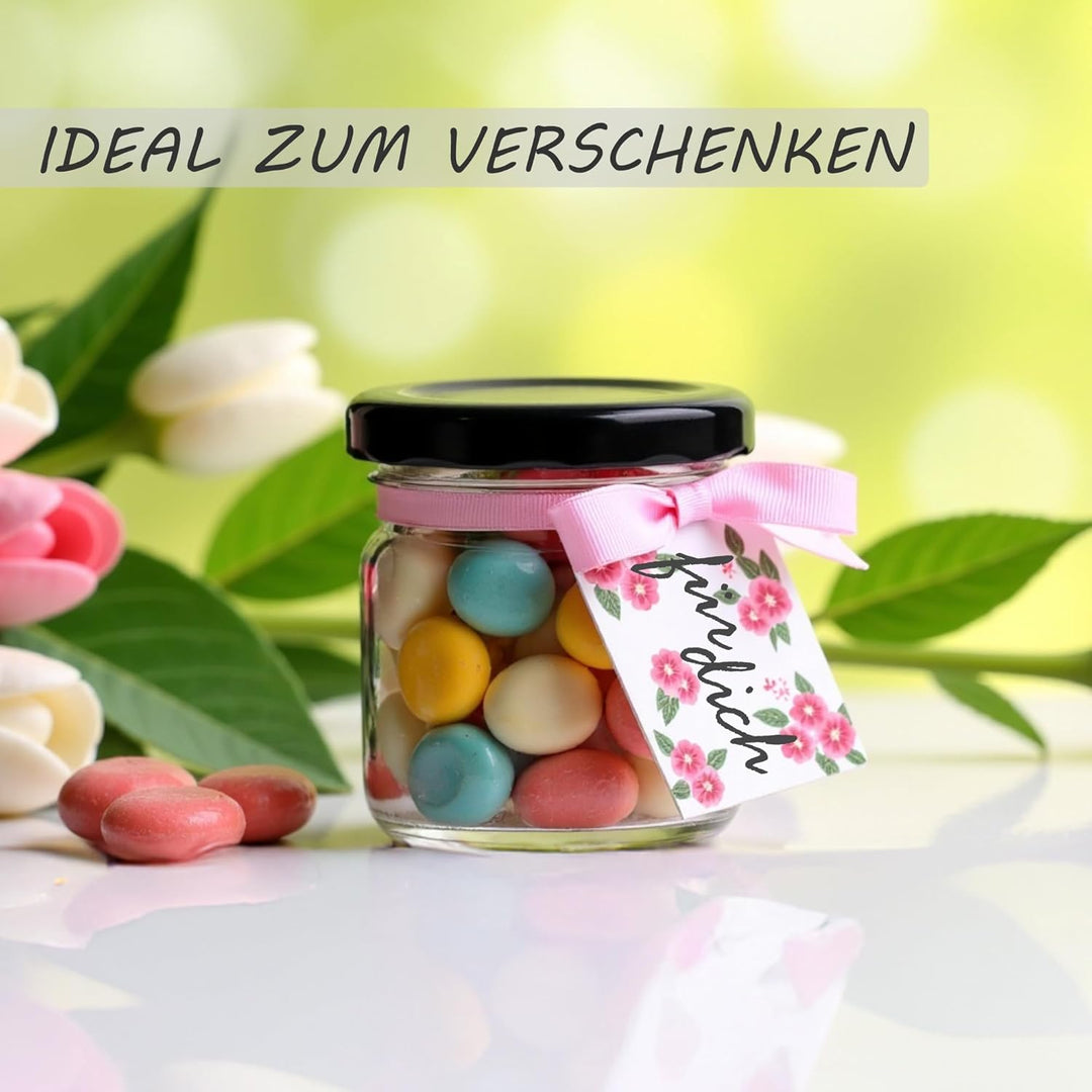 gouveo 48er Set Einmachgläser 40 ml Mini mit Schraub-Deckel schwarz - Mini Vorratsgläser mit Drehver