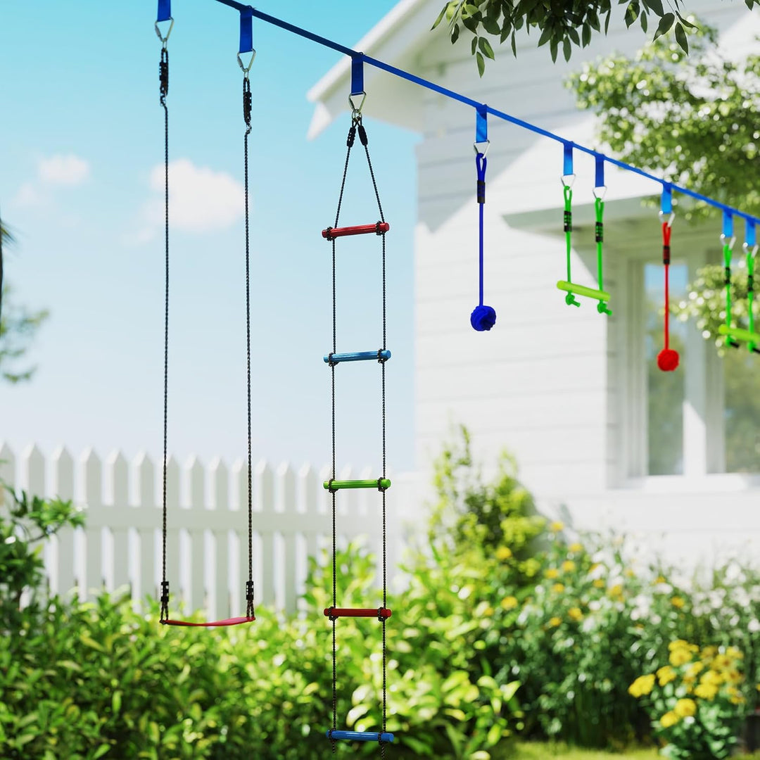 AIYAPLAY Ninja Line Kinder 10m Slackline Set mit Turnringe, Schaukel, Kletterleiter, Baumschutz, Kle
