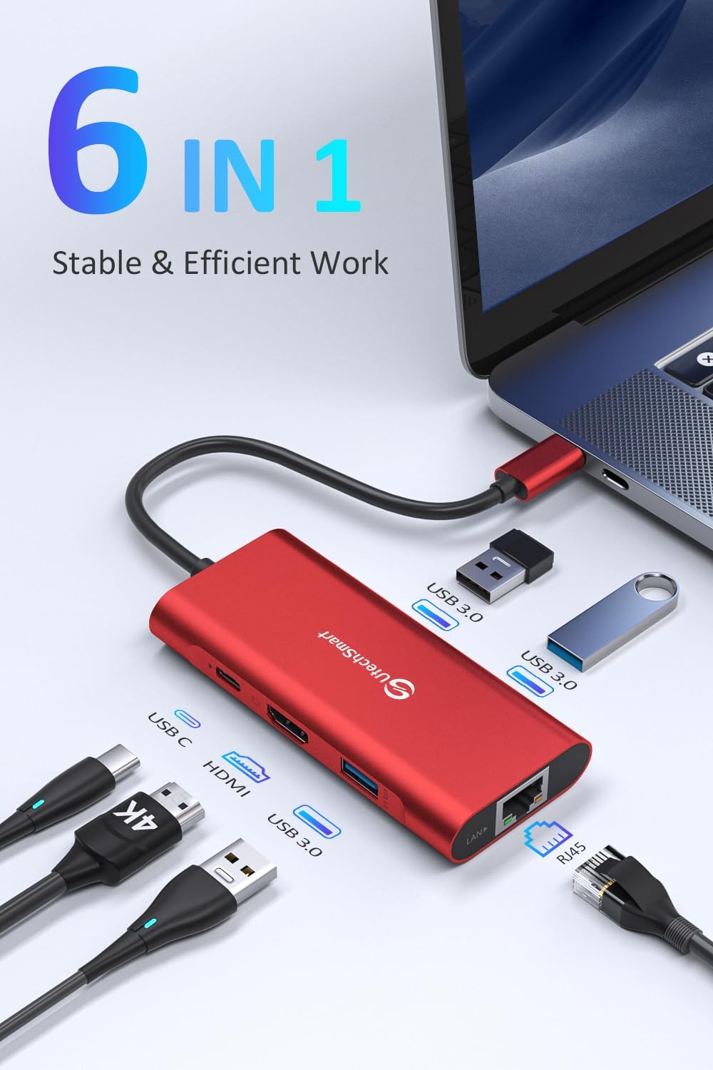 USB C Hub, UtechSmart 6 in 1 USB C zu HDMI Adapter mit 1000M Ethernet, Power Delivery Pd Typ C Ladea