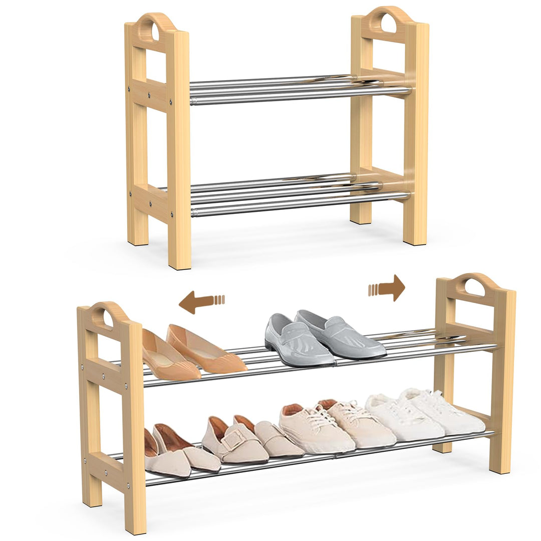 LEMIKKLE Schuhregal, 2-lagiges erweiterbares schuhschrank aus Holz, kleines Schuhregal schmal für En
