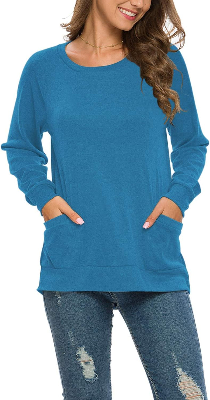 AUSELILY Damen Langarmshirts Rundhals T Shirts Blusen Tunika Sweatshirt Pullover Mit Taschen Blau S,