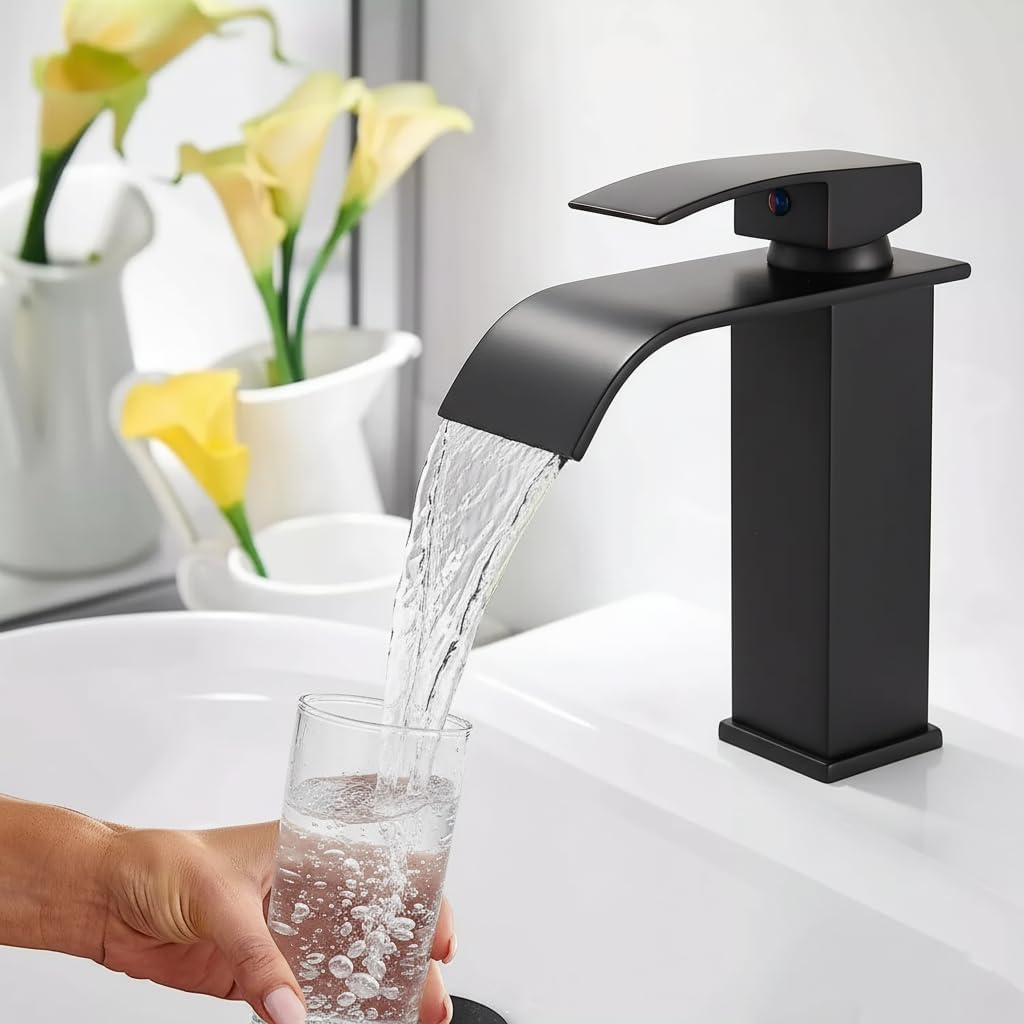 Faizee Home | Wasserfall Armatur Schwarz – Elegante Waschtischarmatur aus Messing mit breitem Auslau