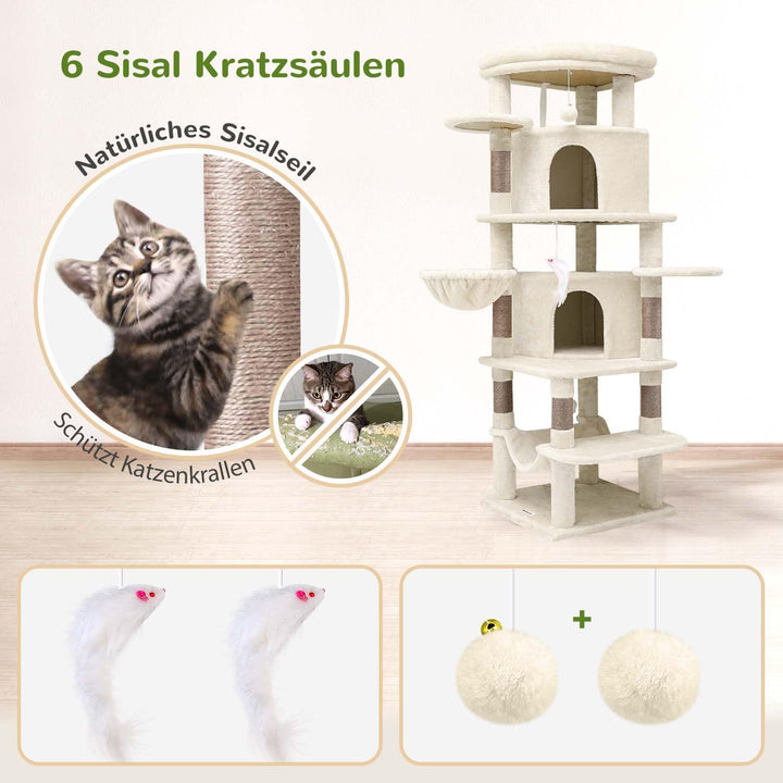 Globlazer Kratzbaum Beige Gross, Eckkratzbaum Stabil hoch 167 cm mit 2 Sektor Katzenhaus, Gepolstert