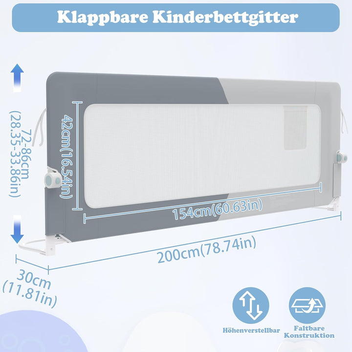 UISEBRT Bettgitter 200cm Bettschutzgitter Klappbar für Kleinkinder, Rausfallschutz Höhenverstellbar