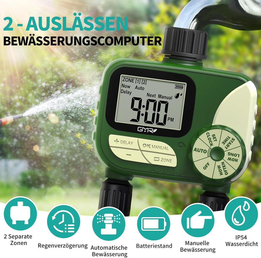 Bewässerungscomputer 2 Ausgänge, Bewässerungsuhr mit Regenverzögerung/manueller/automatischer Funkti